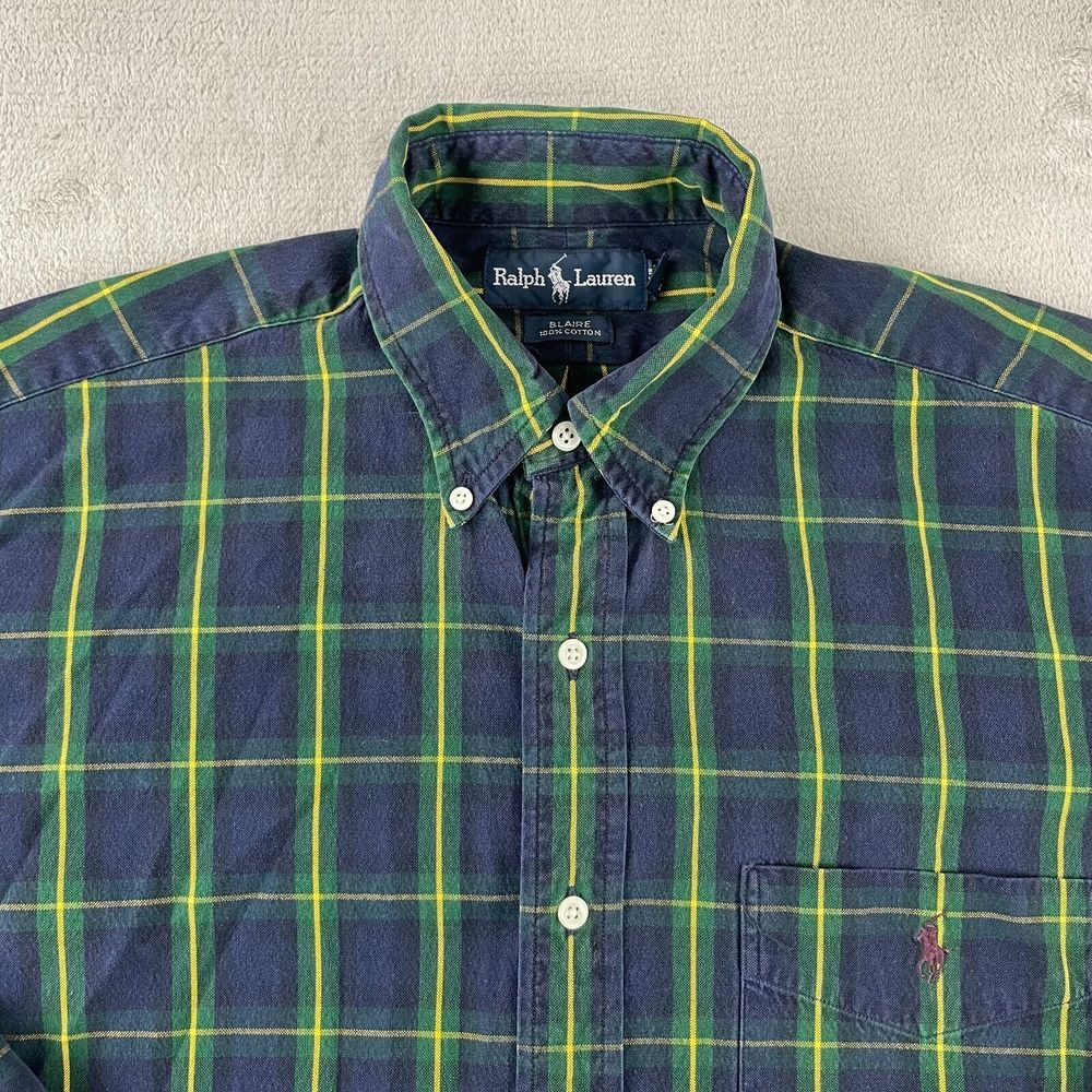 Vintage Polo Ralph Lauren Shirt Men Medium Navy Tartan‎ Plaid Blaire Preppy Pony